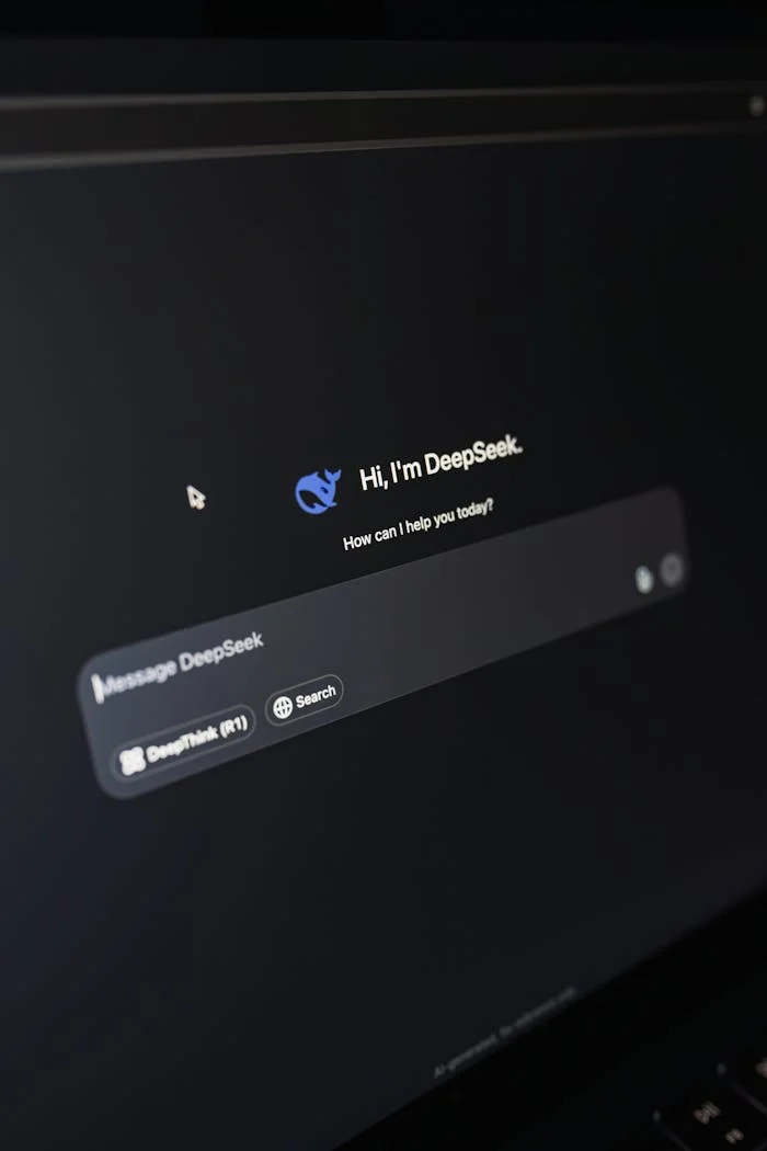 Close-up of a laptop displaying an AI interface with a chatbot prompt in dark mode.